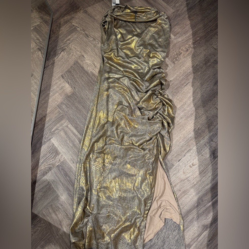 Stunning Anthropologie Gold ruched column party dress Midi M